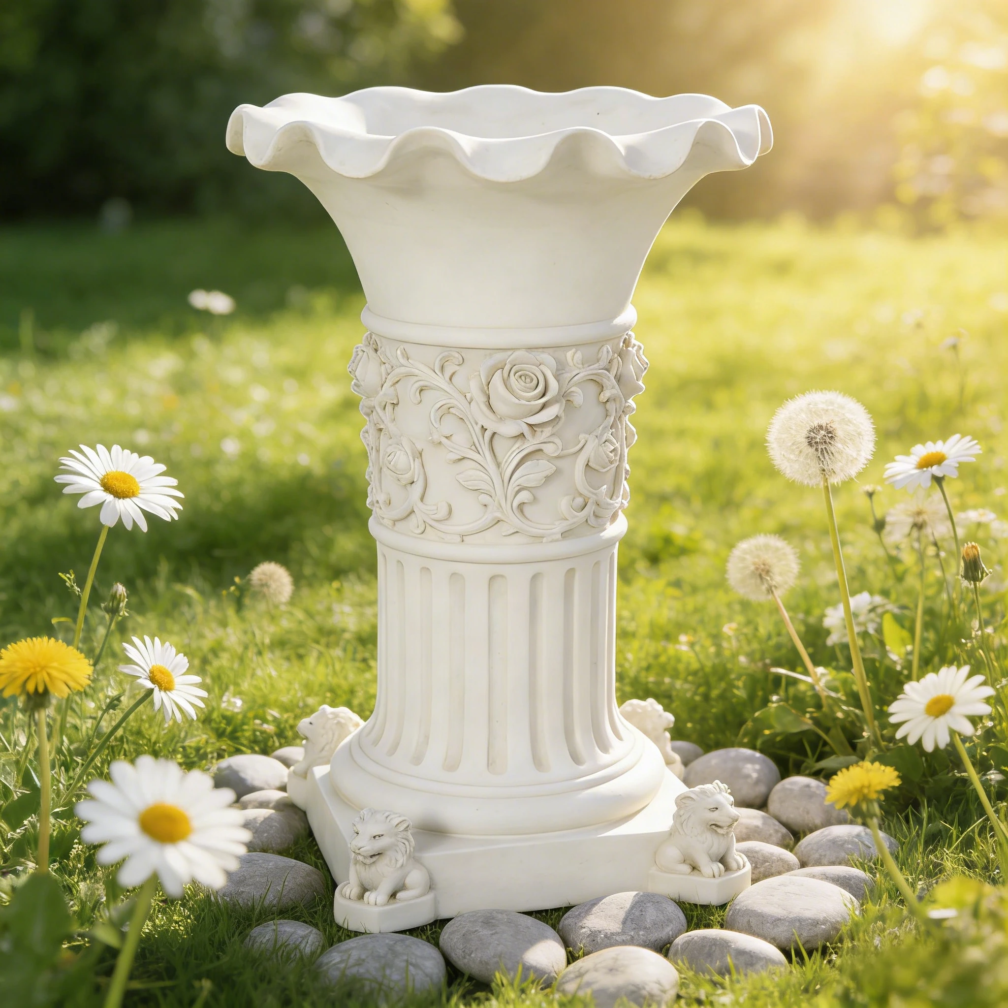 White Resin Hand-painted Fashion Garden Pedestals Rose Carvings Lion Base-Fluted Column Flower Stand For Outdoor Lawn/Yard Decor