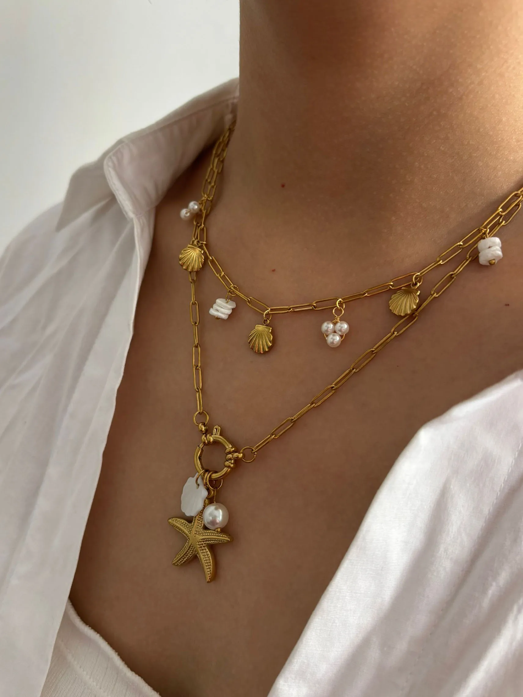Peri'sbox Stainless Steel Starfish Shell Imitation Pearl Pendant Necklace for Women Beach Party Stackable Jewelry 2025 New Trend