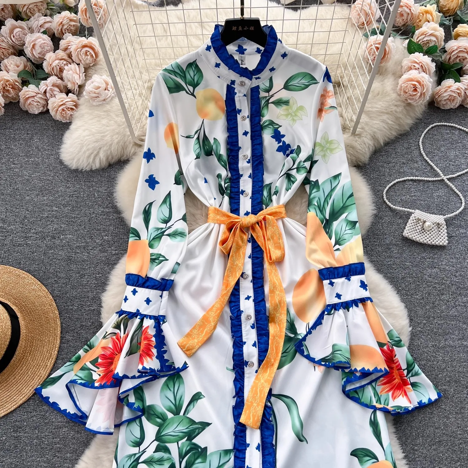 2024 Runway Fashion Spring Flower Holiday Maxi Dress Women Stand Collar Single Breasted Flare Sleeve Lemon Print Loose Belt Robe