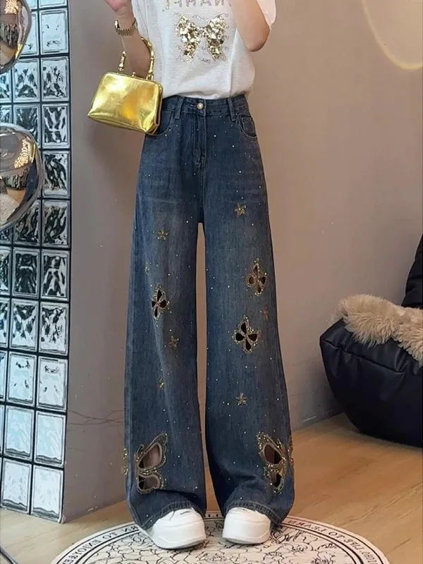 plus Size Hollow out Embroidered Denim Jeans High Waist Loose Fit Summer Thin Long Pants Women's Casual Wide Leg Trousers