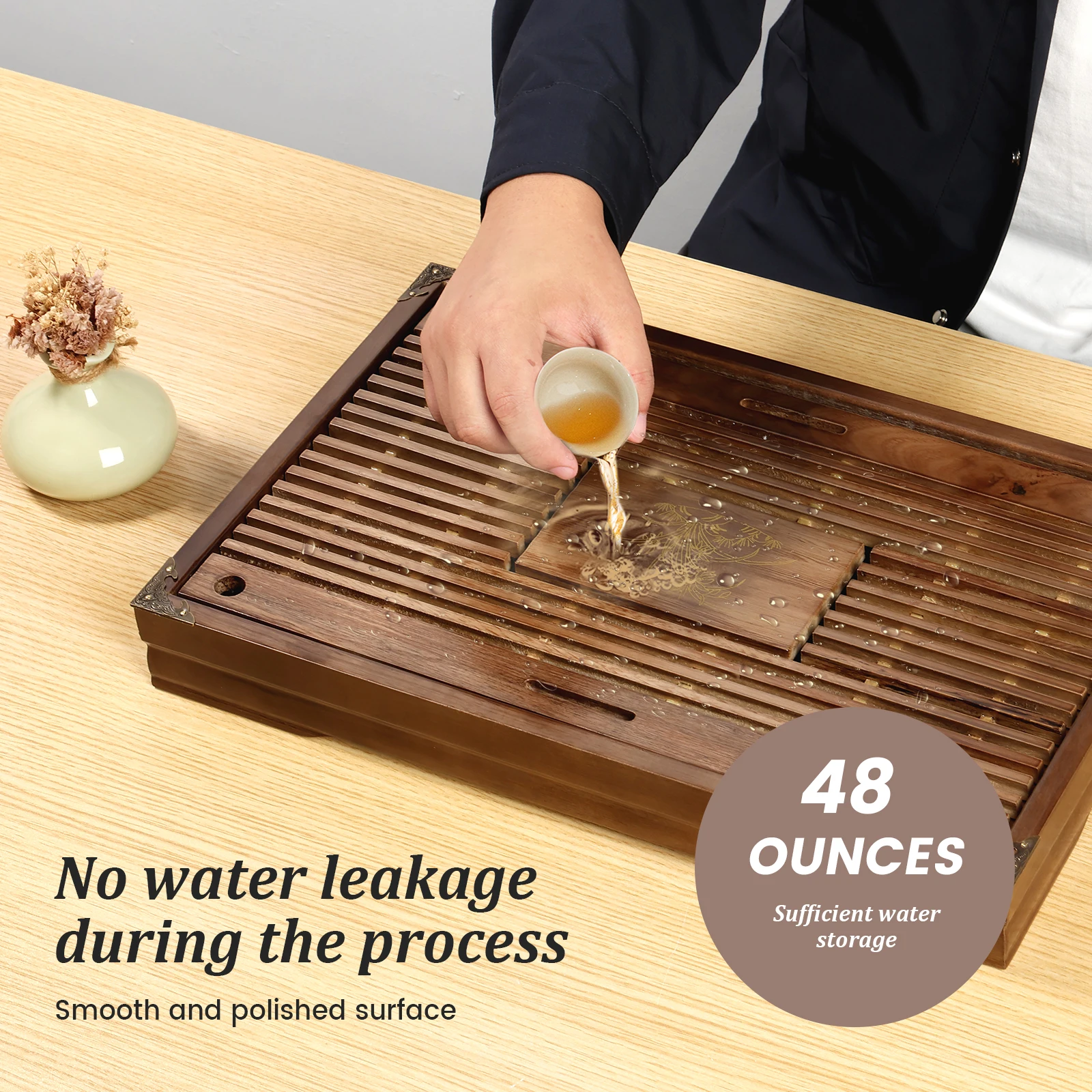 17 In Wooden Tea Tray Vintage Chinese Tea Serving Tray Exquisite Kung Fu Tea Trays Drawer Type Storage Drainage Board for Office