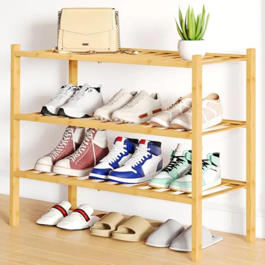 

Shoe Rack 3 Tier Bamboo Shoe Organizer Stackable Free Standing Wooden Shoe Storage Shelf for Closet Entryway Front Door Entranc