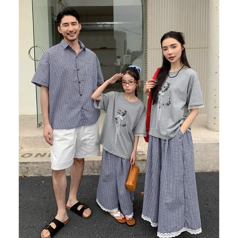 Summer Korean Plaid Family Matching Shirt Trendy Mom Dad Kids Stylish Casual Outfits for 3-4 People Whole Family Daily Wear