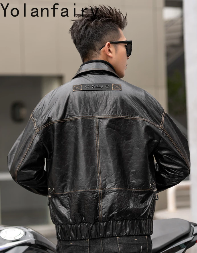 YOLANFARIY Genuine Leather Mens Jacket Real Sheepskin Winter Coats Men Clothing Short Style Motorcycle Jackets Abrigo Negro 2024