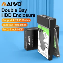 MAIWO Çift Yuvalı Harici Sabit Disk Muhafaza Kutusu 2.5 Inç HDD SSD Kutusu SATA Sabit Disk Dizisi Ile 4 RAID Fonksiyonu PC Kasa