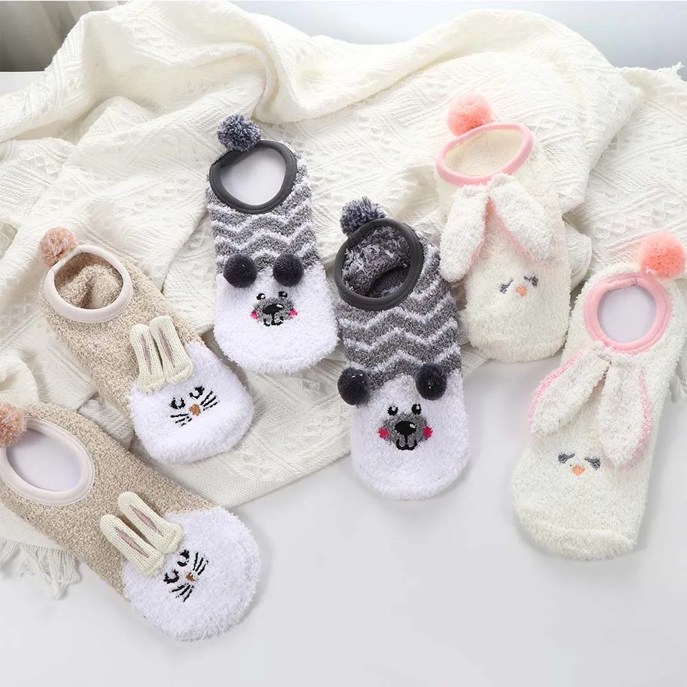 Cute Coral Fleece Floor Socks Cartoon Animal Women Winter Warm Boat Socks Silicone Home Non-slip Short Socks Female