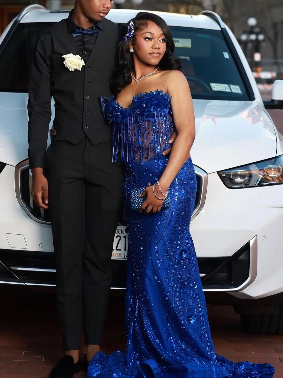 

Gala Attire Royal Blue Prom Dresses 2026 Sequin Beading Black Girls Evening Dress Birthday Party Gowns Customized
