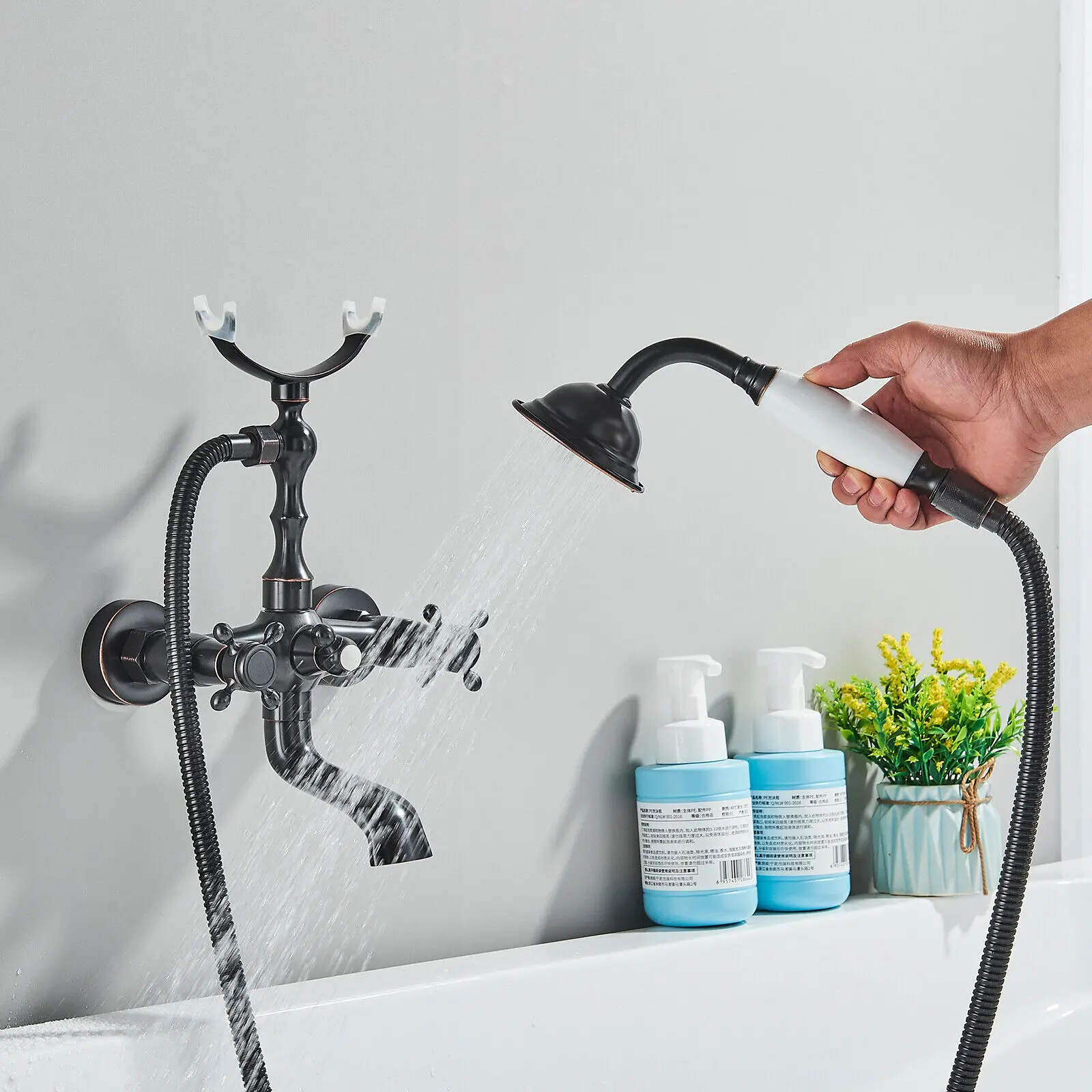 Black Oil Rubbed Brass Clawfoot Tub Faucet Wall Mount Bathtub Filler Faucet with Hand Shower