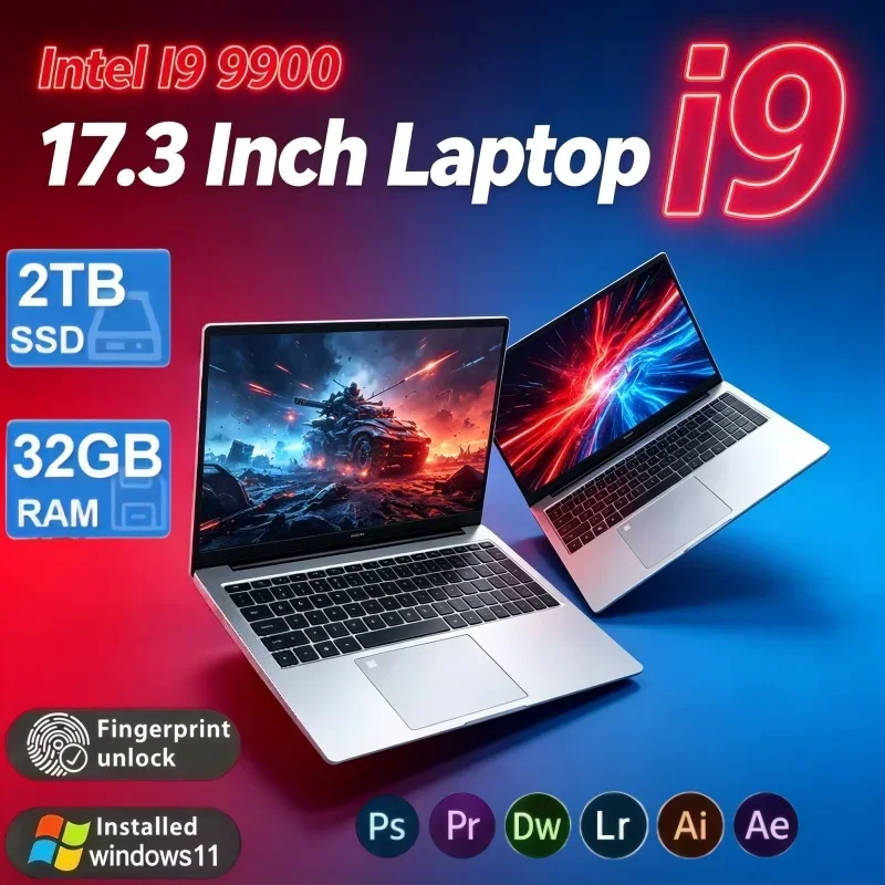 17.3 Inch Portable Gaming Laptop Windows 11 Intel I9‑9900 32GB RAM Optional 2TB SSD Fingerprint Unlock For Student Office Game