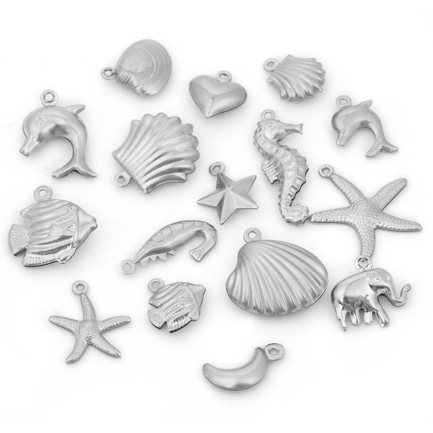 5pcs Silver Color Stainless Steel Pendants Fish Shell Elephant Moon Star Shape Charms For Making Jewelry Diy Accessories