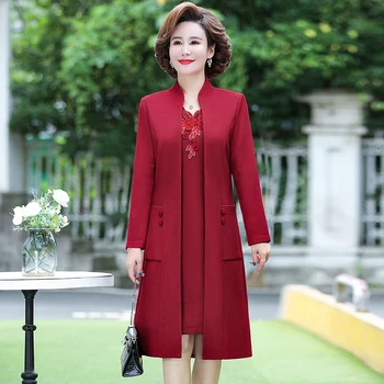 Middle-aged Mother Autumn Winter Women's Long dress Women's Clothing Vestidos Two-piece Suit Style Jacket Feast Dress