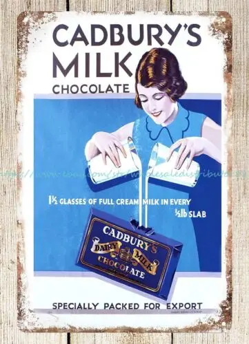 Cartel de lata de metal, obra de arte, venta, Cadbury's ad, leche, chocolate, 1950s
