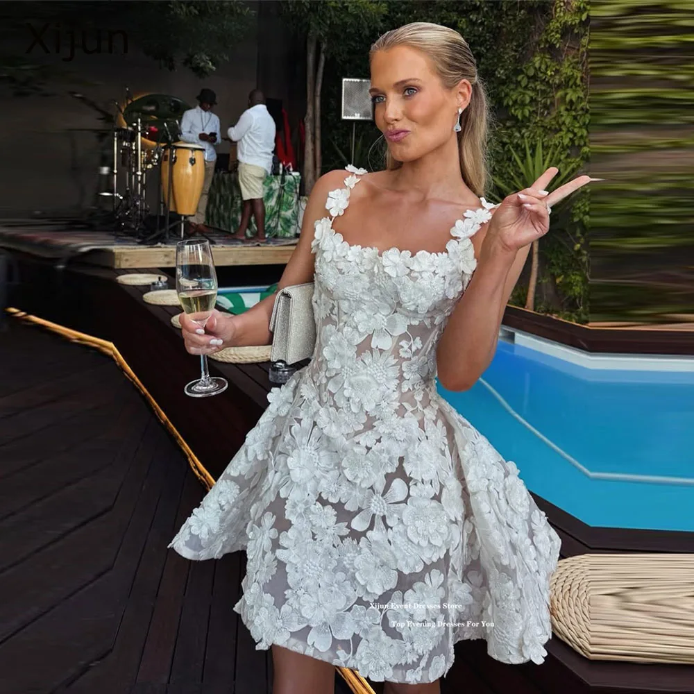 

Xijun Modern Flower Short Wedding Dresses Spaghetti Strap A-Line Mini Cocktail Dresses Sleeveless Formal Party Dresses Customize