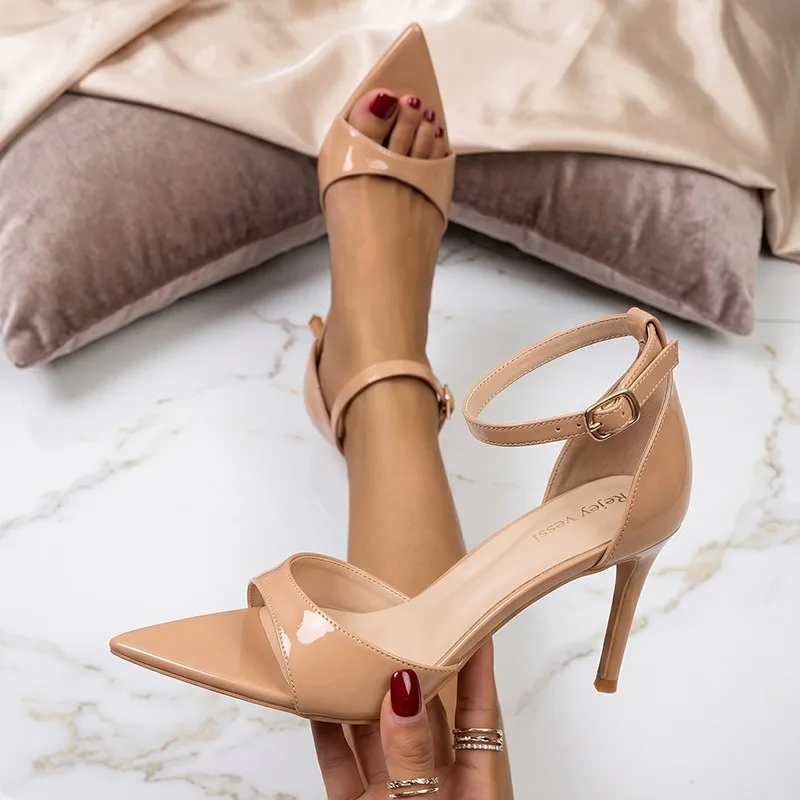 

Women's High-heeled Sandals Sexy Patent Leather Ankle Strap One Word Buckle Sandals Temperament Pointed Stiletto Heels Sandalias