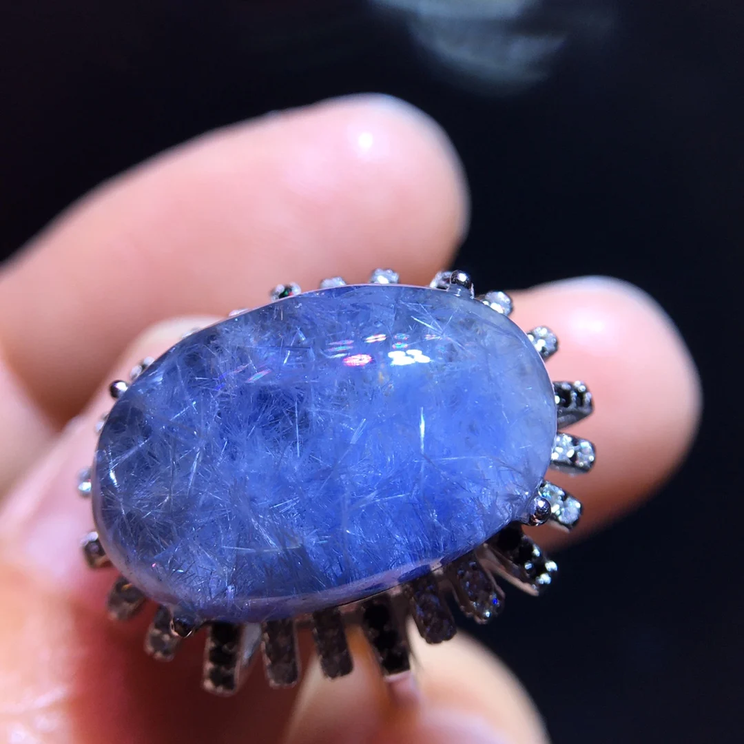 

Natural Blue Rutilated Dumortierite Quartz Adjustable Ring 18.2/12mm Woman Men Ring Jewelry AAAAAAA