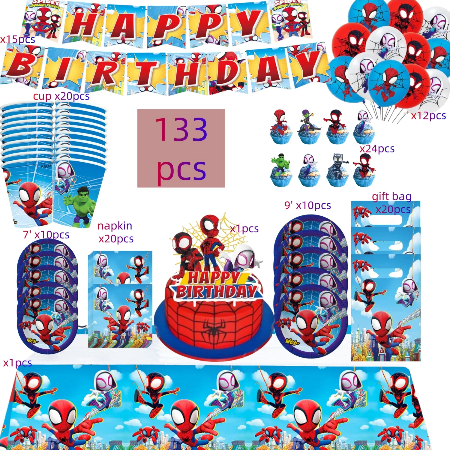Decoración de Cumpleaños de Spidey y sus Increíbles Amigos, Vajilla, Tazas, Platos, Globos, Pancarta, Bolsas de Regalo, Adorno para Pastel, Artículos para Fiesta de Spiderman para Niños