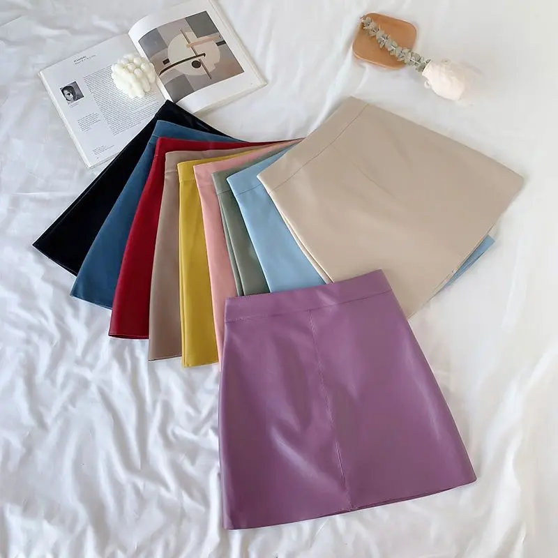 Solid Zipper Wrap Hip Leather Skirt Autumn Winter New Korean High Waist Mini Skirt Female Chic Sexy Club A-line Pu Skirts Women