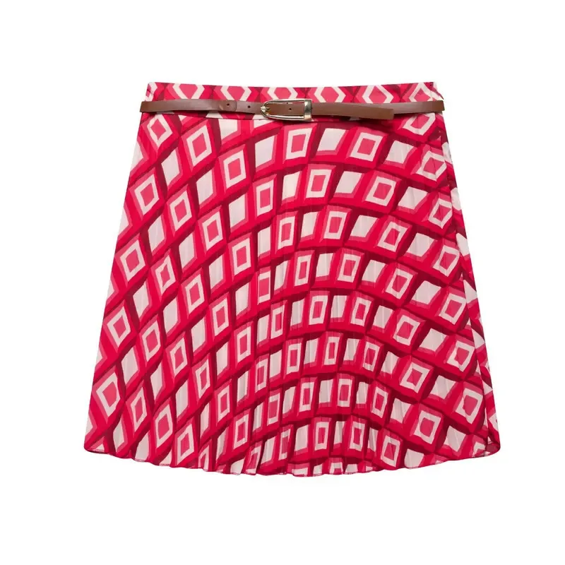 

Women's Summer High Street Casual Vacation Suit Red Print Geometric Button-down Shirt with Tie Mini Skirt Fashion