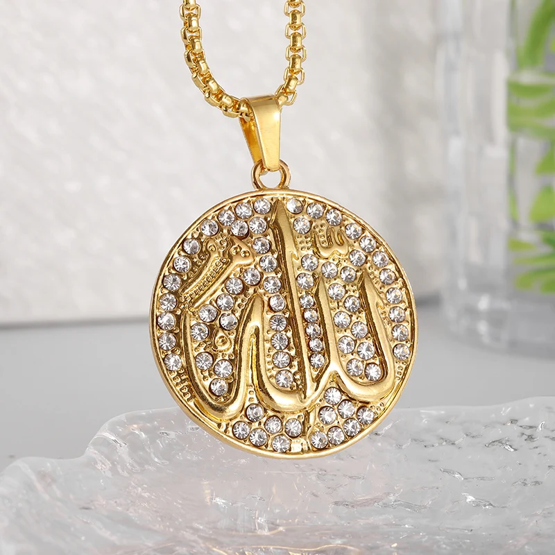 Islamic Muslim Quran Allah Round Pendant Necklace with Sparkling Zircon for Women Fashion Hip Hop Ramadan Jewelry