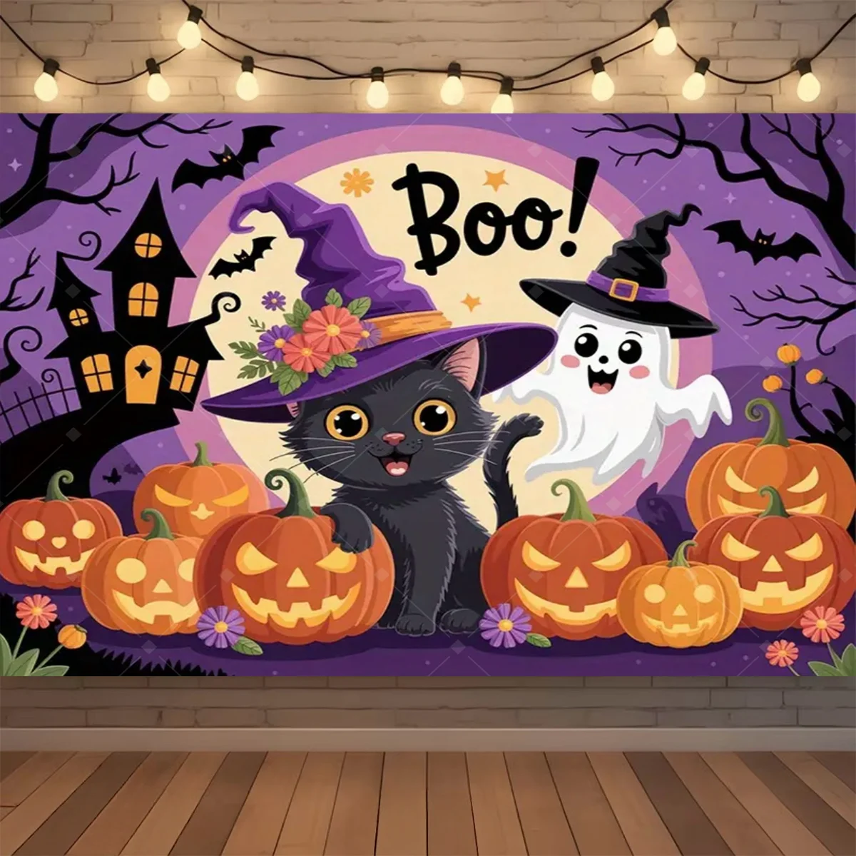 Fröhlicher Halloween-Hintergrund mit Neon-Kürbis, Fledermaus, Totenkopf und Friedhof, Fotografie-Hintergrund, Halloween-Party Fotokulisse, Dekorationsbanner, Geschenk – Detail 8