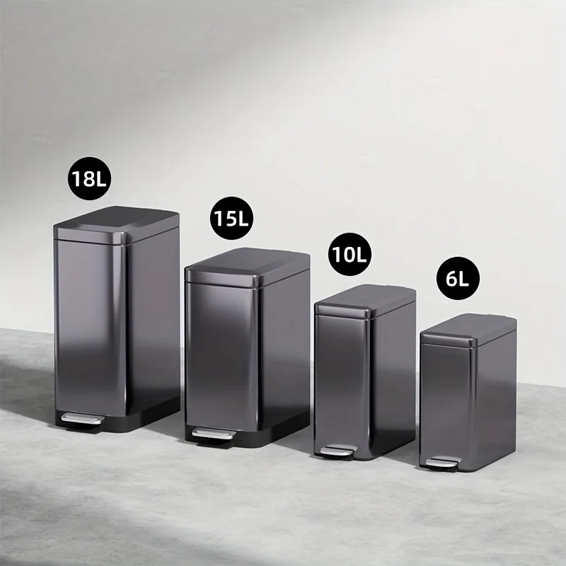 1pc Stainless Steel Trash Cans With Foot Pedal Soft Close Lid Inner Bucket Slim Design For Kitchen Bathroom Living Room