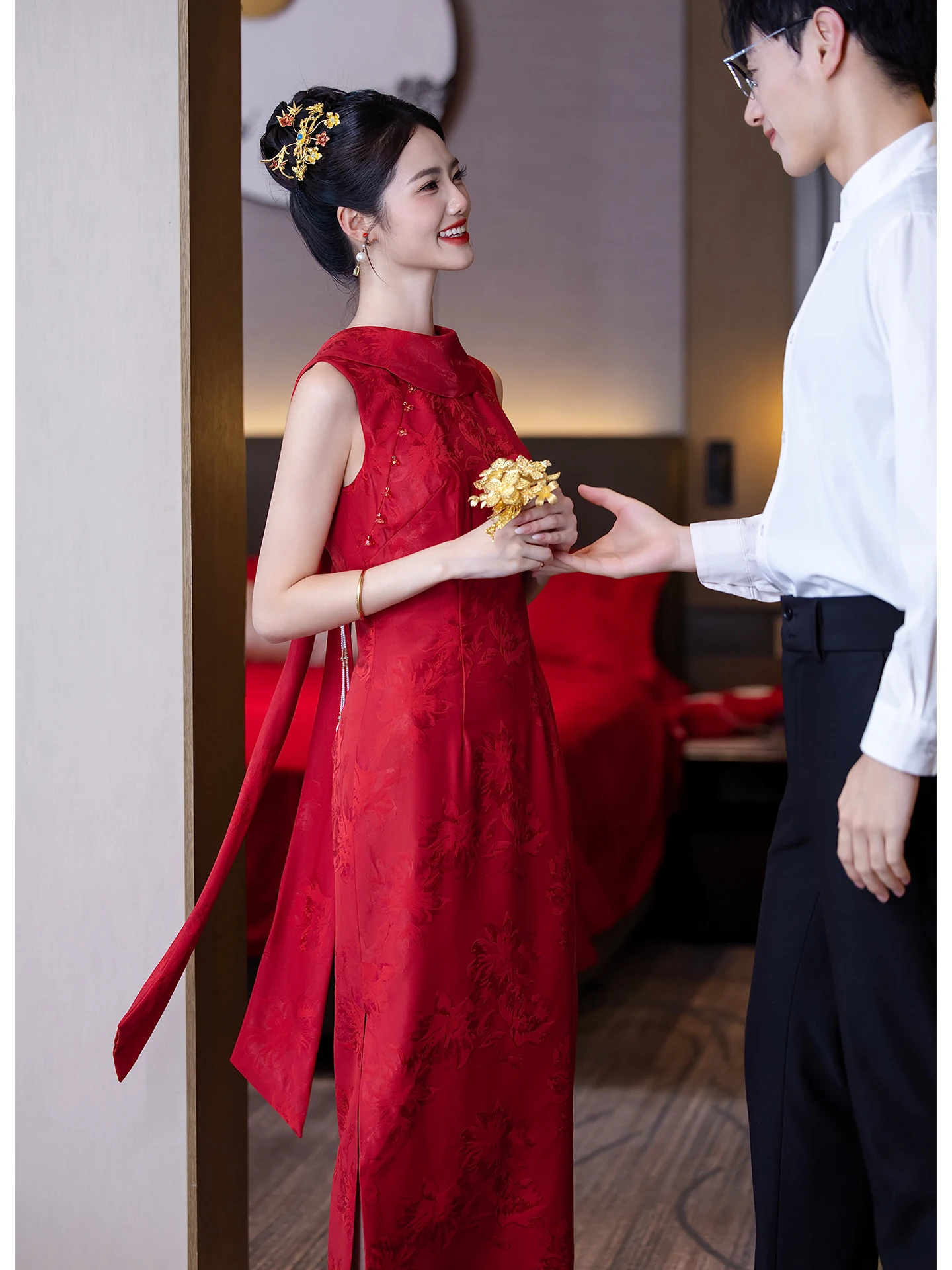 

Red Wedding Qipao Long Evening Gown for Women Vintage Sle Beaded Polyester Fiber No Sve Long Skirt Wedding Dr