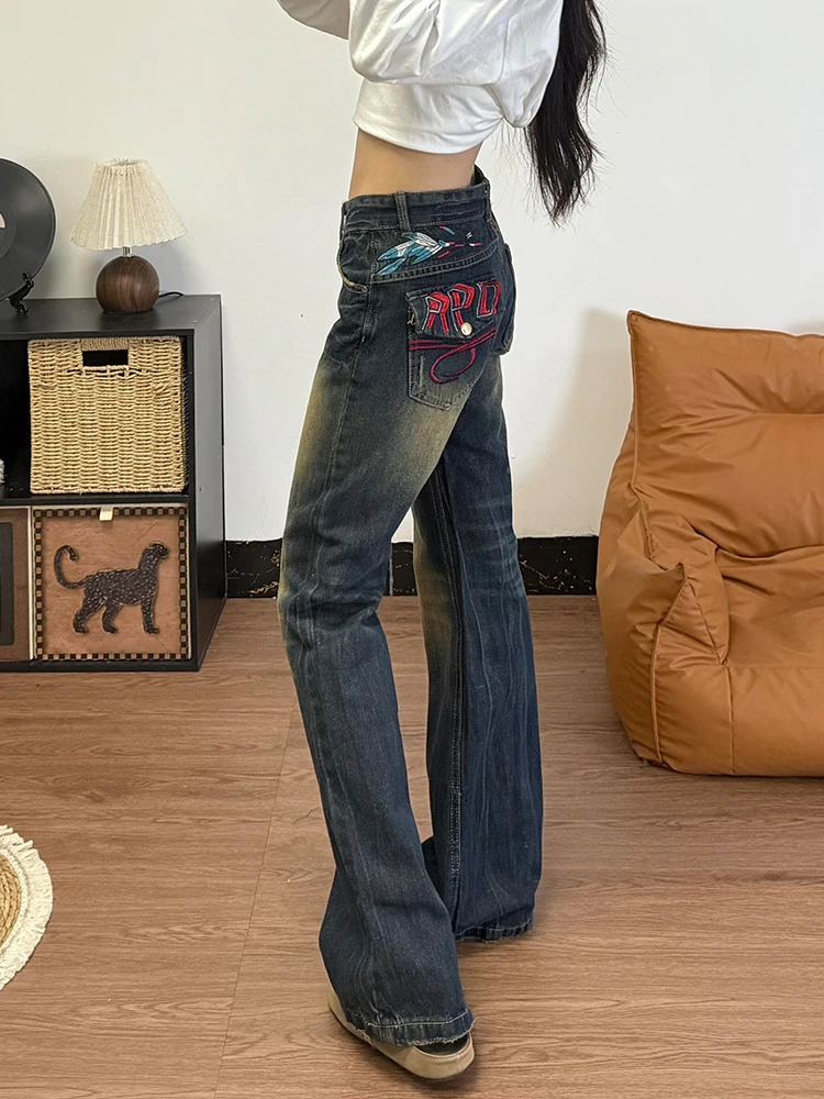

Retro American High Street Design Low Waist Jeans Women's Subculture Versatile Embroidered Floor-Length Pants