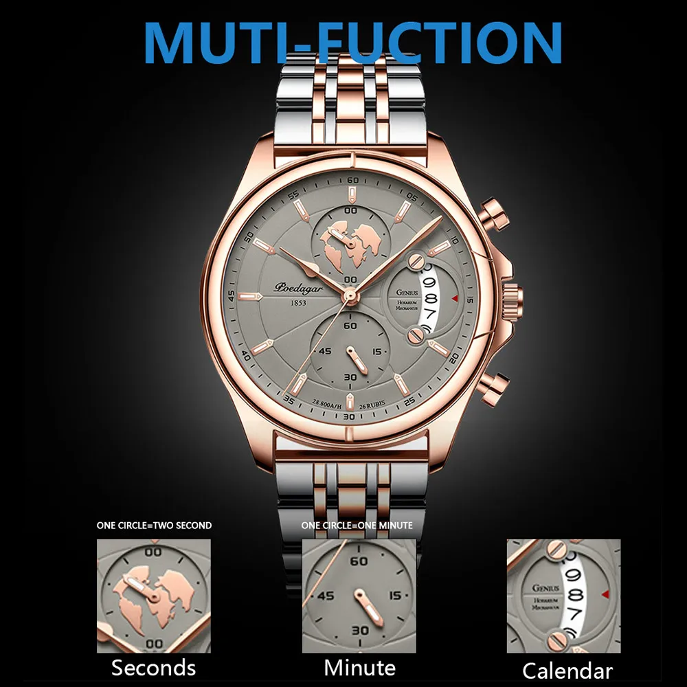 POEDAGAR Luxury Watches Sport Top Brand Military Calendar Waterproof Stainless Steel Multifunctional Men Watch for Man Clock+Box