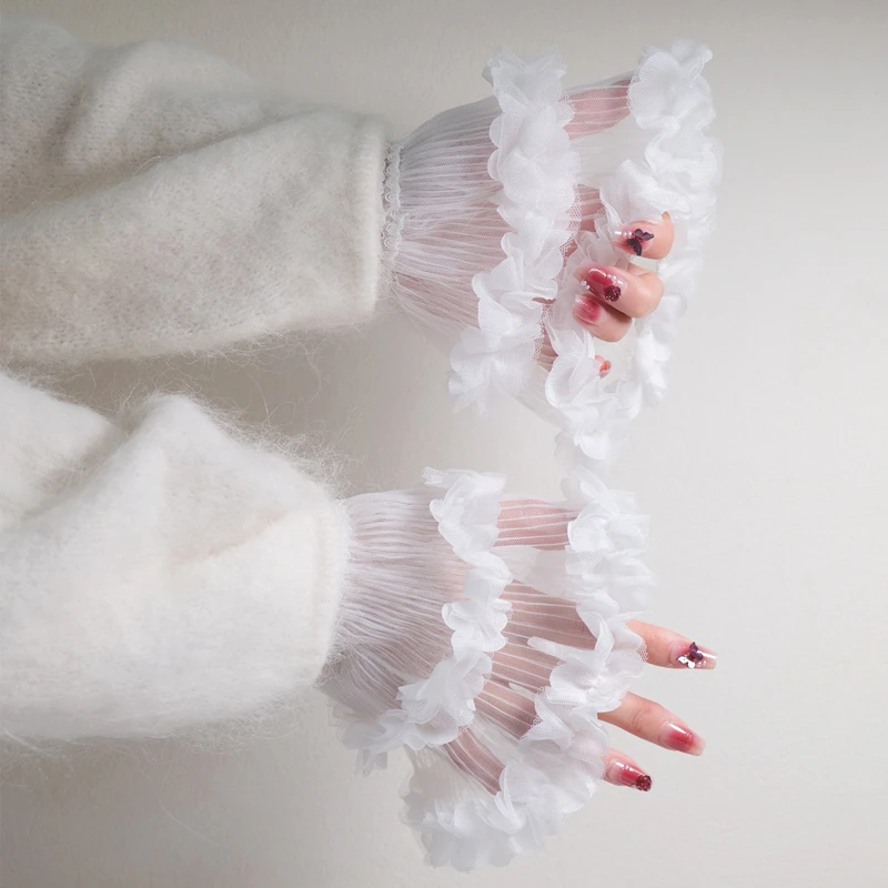 

Fairy Floral Lace Ruffled Horn Cuffs Double-Layer Girl Sweater Coat Decorative Sleeves Detachable Elastic Wristbands