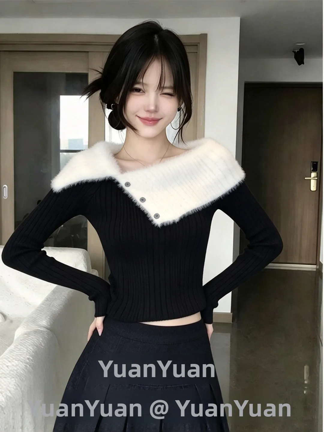 Korean Style Long Sleeve Color Block Knitwear Women's Slim Fit Shoulder Baring Top Breathable Soft Polyester Casual Fashion