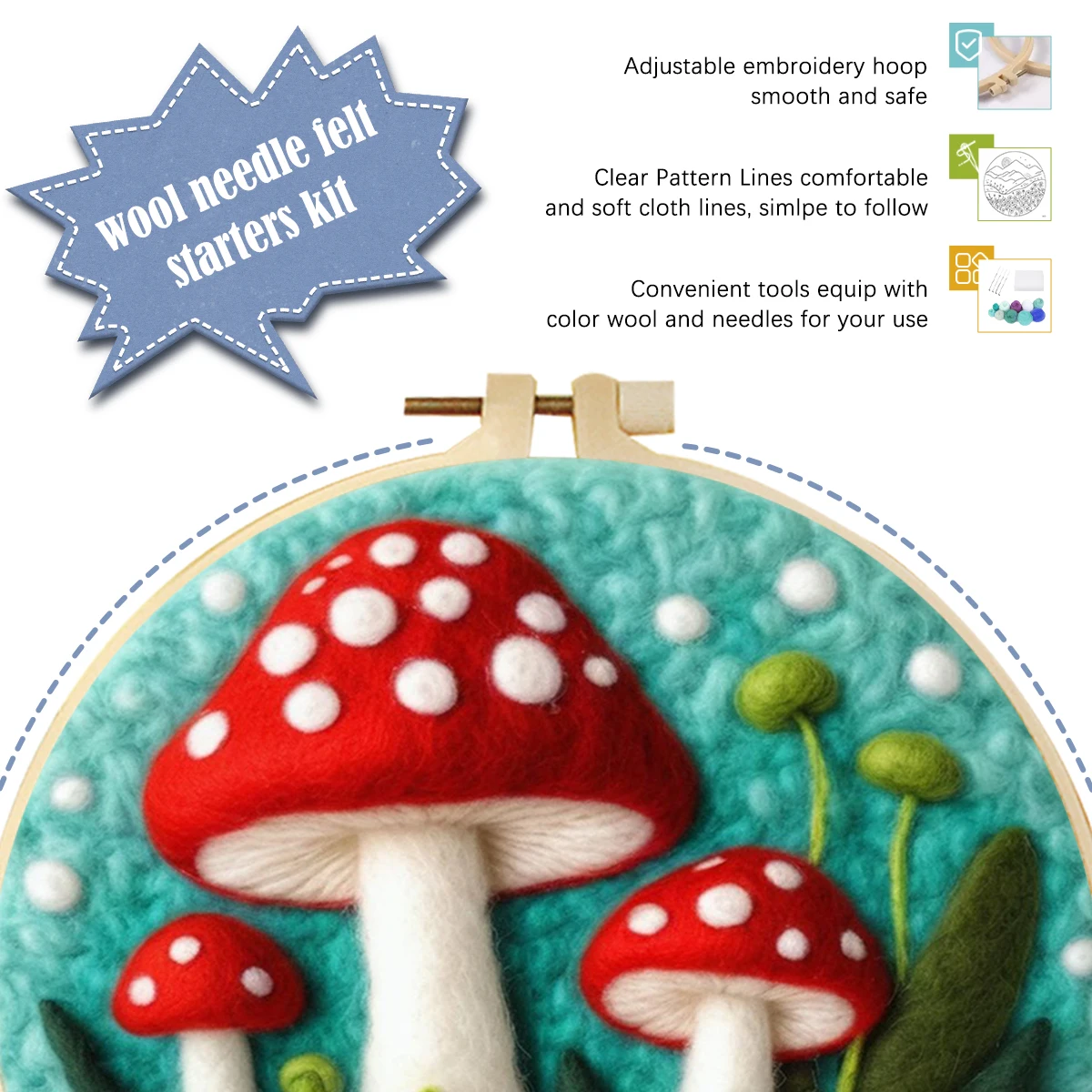 Mushroom Wool Felting Painting Kit Needles Tool With Felting Needles Tool Foam Felt Cloth With Embroidery Frame Diy Gift