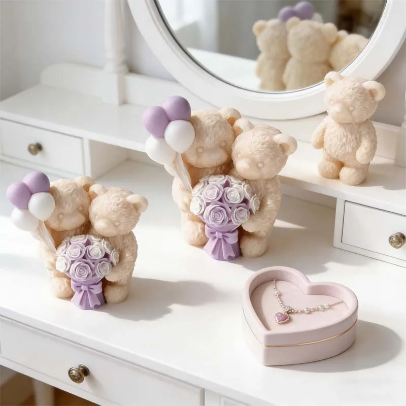 Silicone Candle Mold Couple Teddy Bear Rose Bouquet Balloon for Aromatherapy Candle Resin Plaster Making Romantic Decor Gift