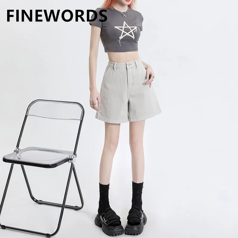 

FINEWORDS Summer Vintage High Waist Wide Leg Short Jeans Women Casual Loose Denim Shorts Streetwear Korean Beach Bermuda Shorts