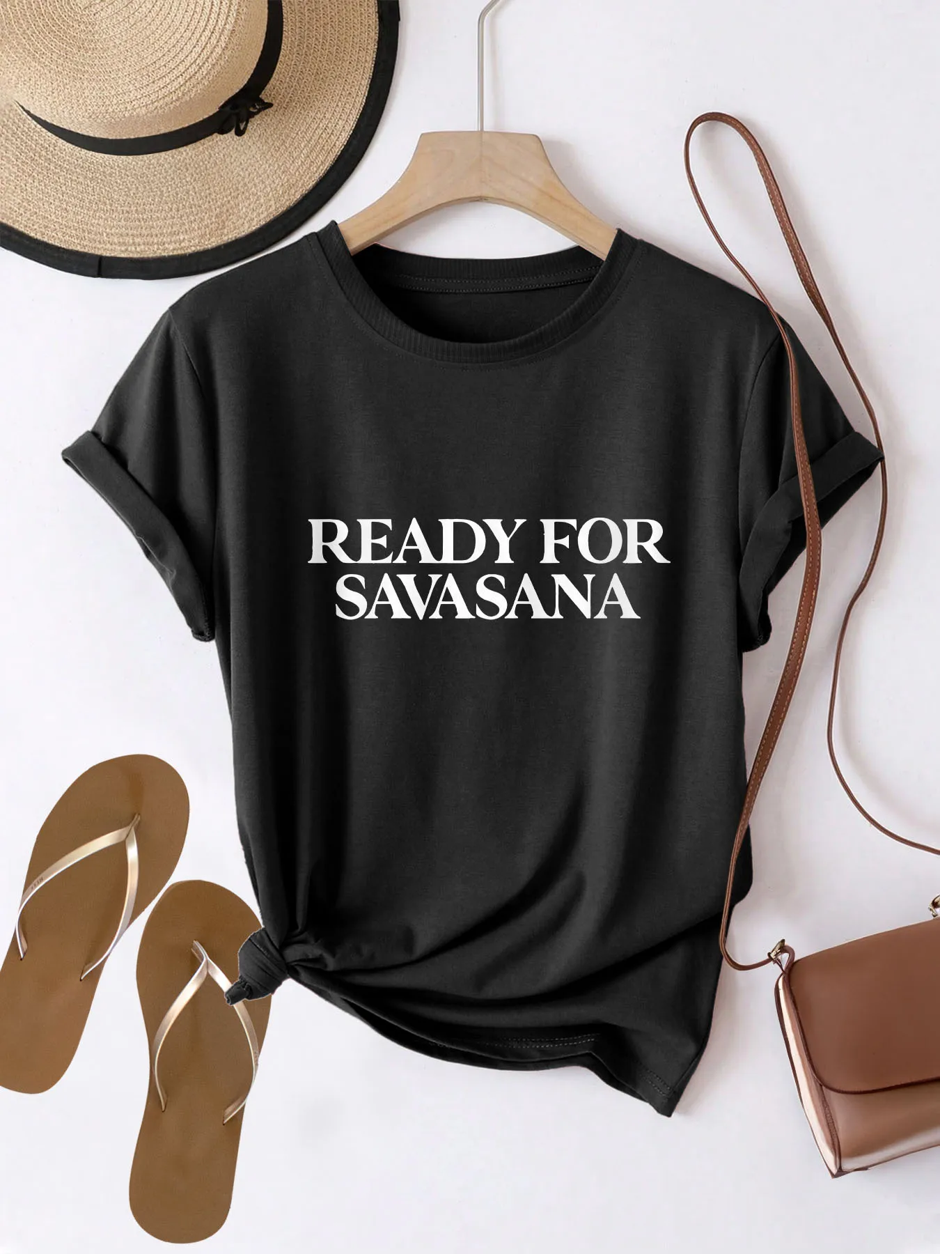 

Women's Olive Green "READY for SAVASANA" Yoga Letter Print T-Shirt - Soft Breathable Short Sleeve Crew Neck Casual Top,