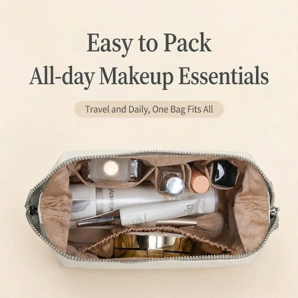 Korean Style Large Capacity Makeup Bag Waterproof Travel Toiletry Organizer Women Portable Beige Cosmetic Storage Pouch Handbag