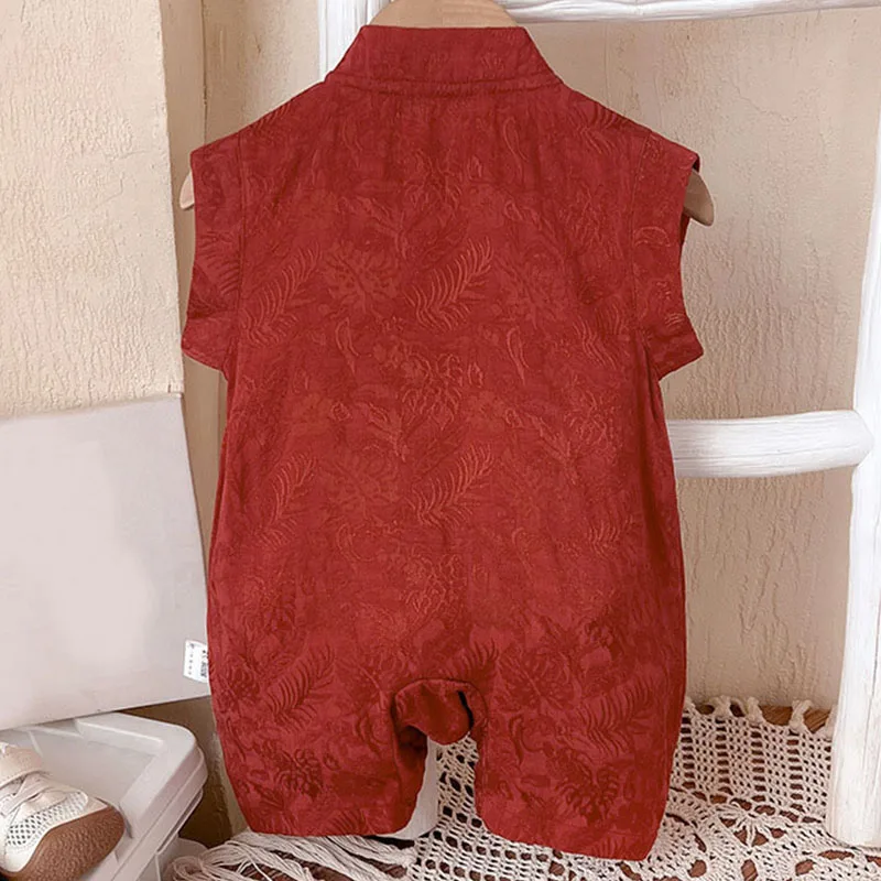 ملابس صيفية للأطفال الأولاد من عمر 3 إلى 6 أشهر على الطراز الصيني مطرزة بشكل لطيف أحمر لأعياد الميلاد بدون أكمام بدلة قفز لحديثي الولادة B024