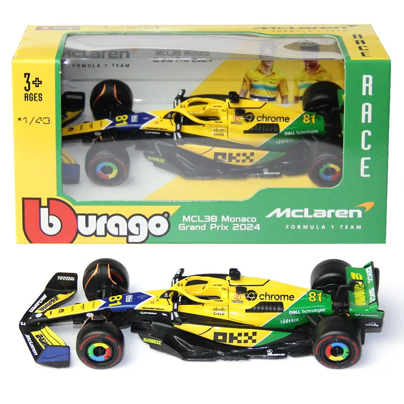 New Bburago 1:43 2024 F1 Mclaren Mcl38 Monaco Grand Prix Alloy Car Miniature Diecast #4 Lando Norris #81 Oscar Piastri Toy Model