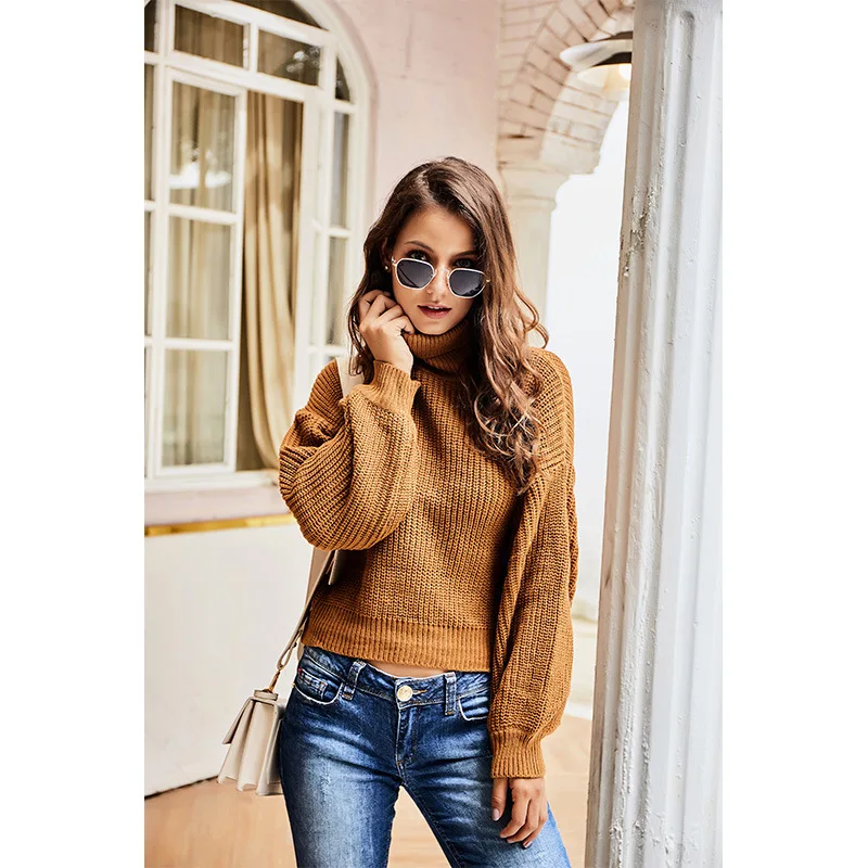 Sweater rajut leher tinggi wanita, switer Retro lengan panjang leher tinggi musim gugur dan musim dingin