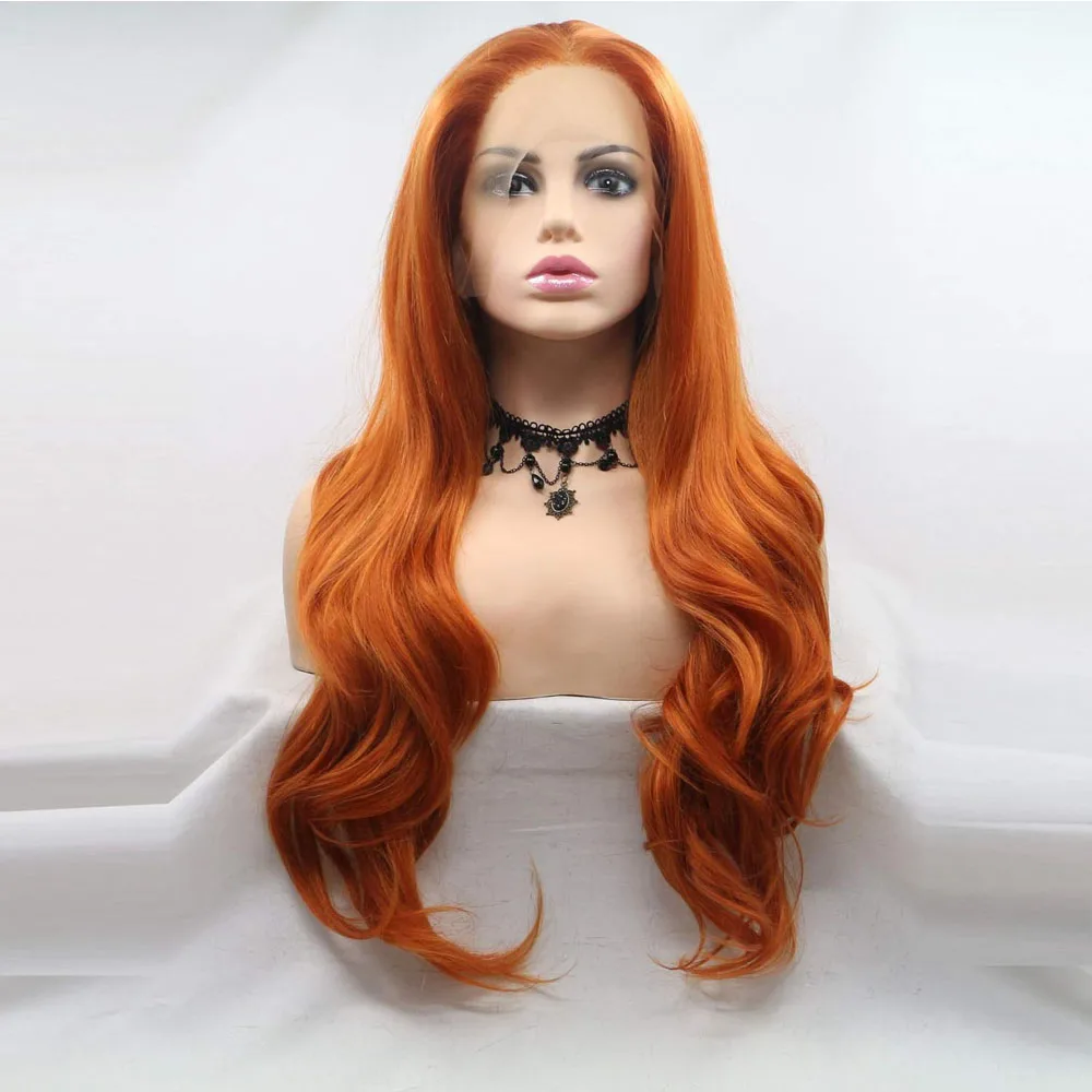 Melody Wig Copper Red Long Wavy Ginger Orange Lace Front Wig Auburn Color with Heat Resistant Fiber for Women Cosplay 24inches