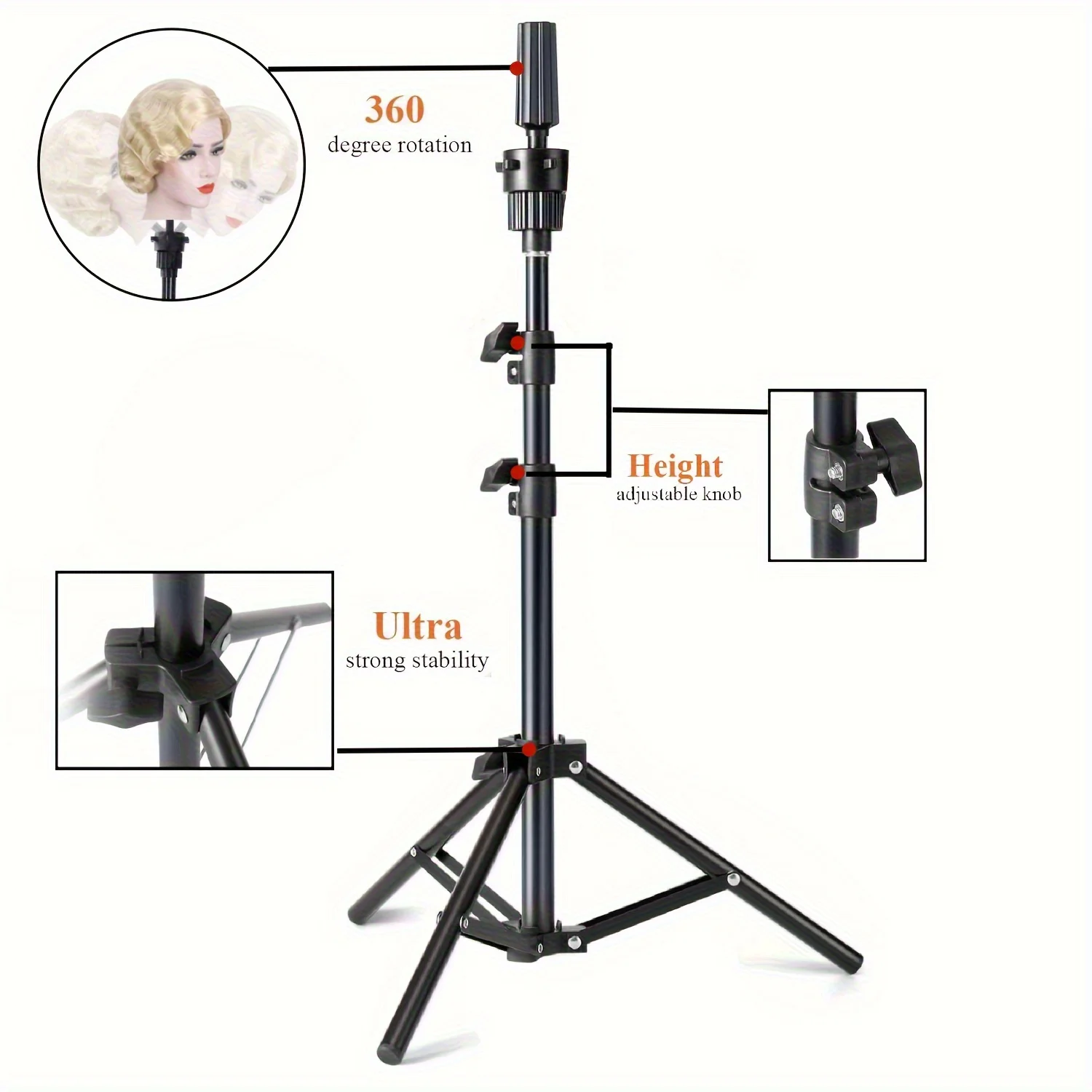 Wig Head Stand, Reinforced Mannequin Head Stand, Adjustable Wig Stand Tripod for Styling Cosmetology Hairdressing Training, Gifts for Women, Christmas Gifts (Mannequin Head Not Included)