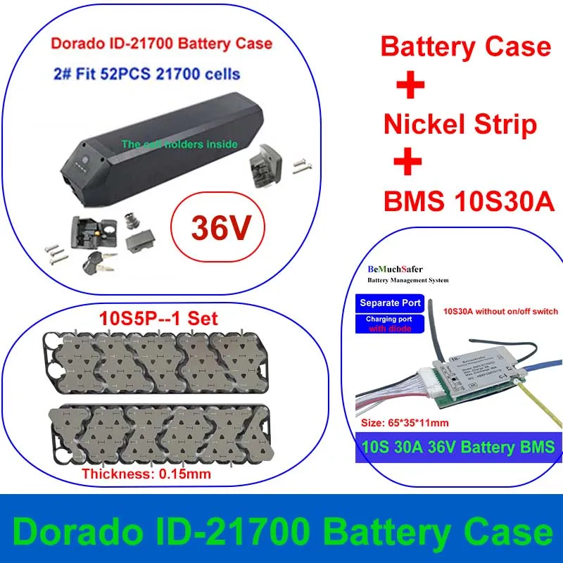 ID-21700 Box 36V 48V Dorado ID-2170 Case pasuje do 52 sztuk 65 komórek 21700 13 s5p 10S 6P taśmy z niklu 10S 13S 30A BMS do DIY ID eBike