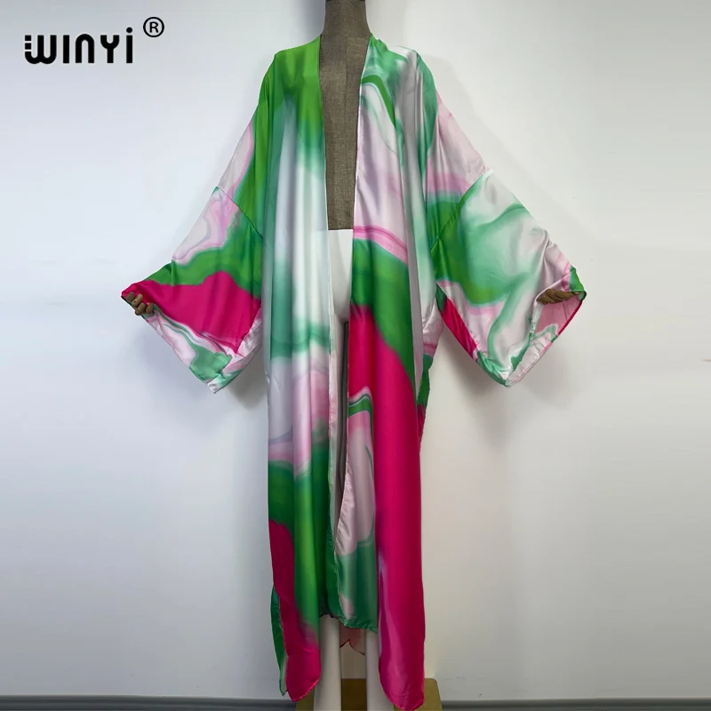 WINYI 2022 Autumn Colorful Printing Beach Wear Swim Suit Elegant Africa Women Boho Cardigan Sexy Holiday Long DressSleeve Kimono