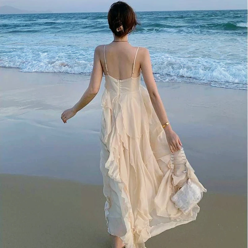 Spring Summer Suspender Chiffon Beach Style Dress Spaghetti Strap Slash Neck Solid Robes Sexy Elegant Backless Dress for Women