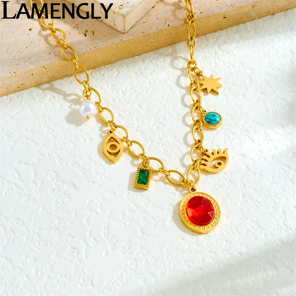 LAMENGLY 316L Edelstahl Elliptische Rote Kristall Türkis Böse Augen Anhänger Halskette Für Frauen Übertrieben Spaß Halskette