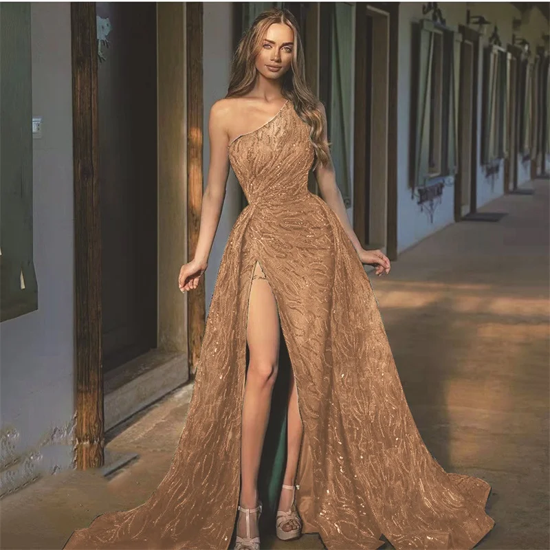 Robe de soirée en fibre inclinée avec paillettes, sangle initiée à la bergame, robes de soirée sexy, dentelle pure A-ligne, robe de Rh, nouveau