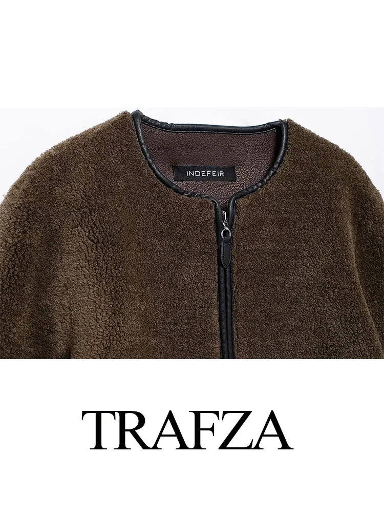 TRAFZA Women New Fashion Loose Jackets Dark Brown O-Neck Pocket Decoration Zipper Coat Female Autumn High Street Chic Coats