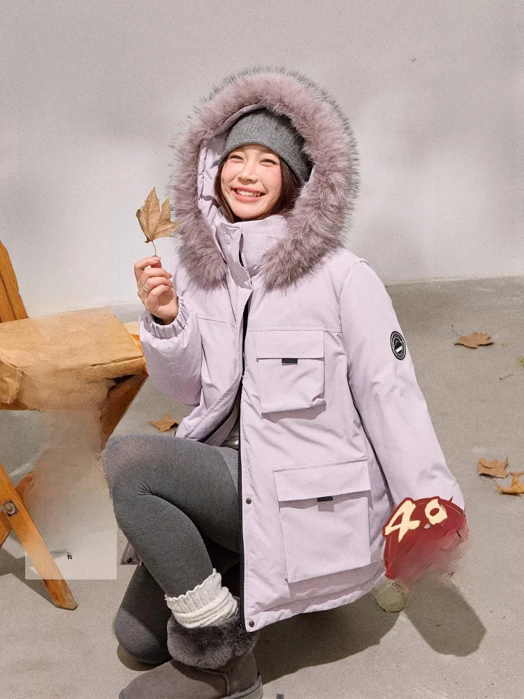

Женская парка больших размеров с теплым воротником из искусственного меха, светло-фиолетовая, приталенная, зимнее пальто с наполнителем из пуха, верхняя одежда