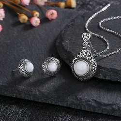 Silver Plated Natural Moonstone Vintage Hollowed-out Earrings Necklace Elegant Beaded Jewelry Gifts Women  jewelry sets