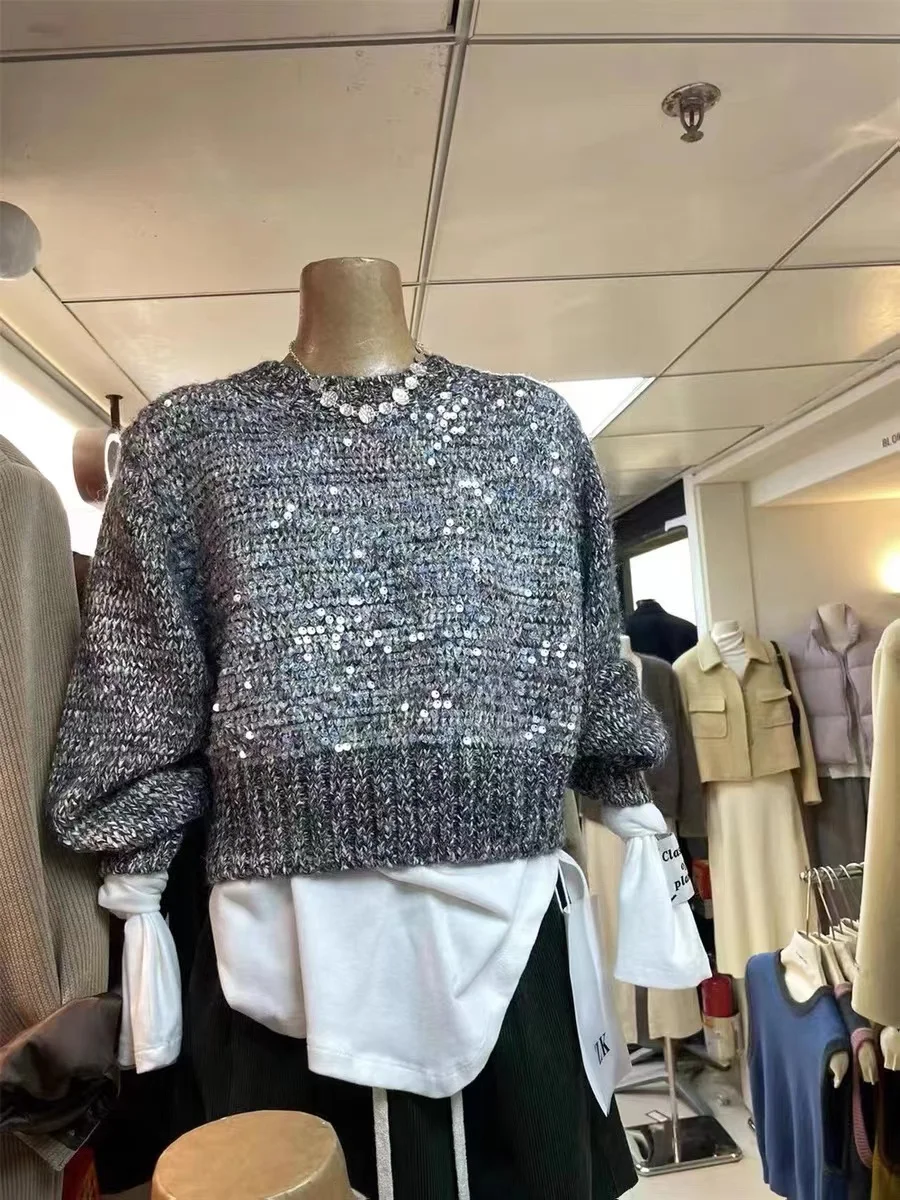 New Cashmere Gradient Big Size Diamonds Loose Sweater Women O neck Wool Knitted Pullover Soft Knitwear Autumn Jumper X412