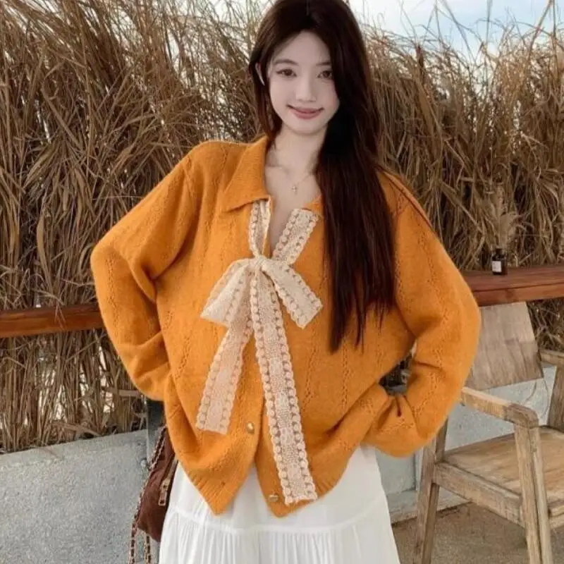 

Women's Long Sleeve Sweater Korean Style Lace Knit Spring Autumn Bow Design 2026 New Style Gentle Casual Loose Fit Pullover